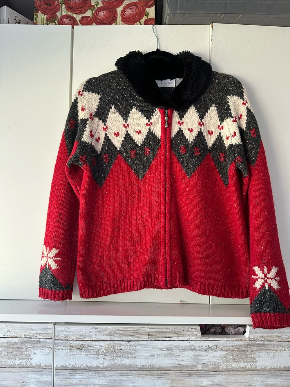 ❄️ Vintage Croft & Barrow Fair Isle Faux Fur Collar Zip Sweater Size S